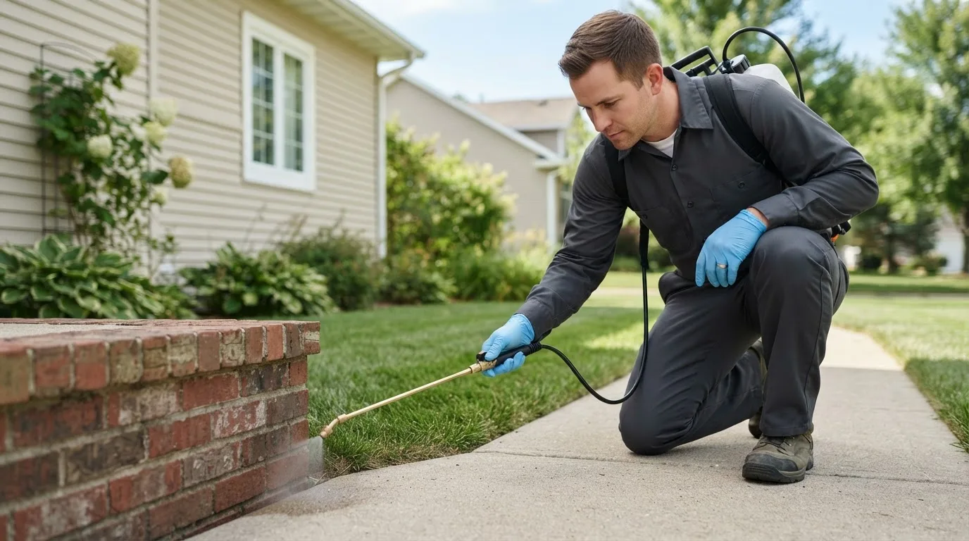 Pest control technician treating a home near De Witt, MO
